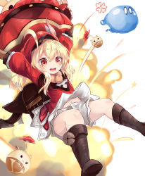 Rule 34 | 1girl, absurdres, ahoge, airborne, backpack, bag, blonde hair, blush, boots, dress, explosion, feathers, full body, genshin impact, hair between eyes, hat, hat feather, highres, holding, klee (genshin impact), knee boots, long hair, long sleeves, looking at viewer, low twintails, nekodama2000, open mouth, red dress, red eyes, red hat, slime, smile, solo, twintails, white background, white feathers, white legwear