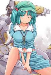Rule 34 | 1girl, amane hasuhito, aqua eyes, aqua hair, backpack, bad id, bad pixiv id, bag, breasts, hair bobbles, hair ornament, hat, kawashiro nitori, key, large breasts, looking at viewer, midriff, navel, one eye closed, short hair, sitting, sleeves rolled up, smile, solo, touhou, twintails, two side up, wink