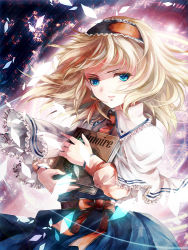 Rule 34 | 1girl, alice margatroid, ascot, awa toka, blonde hair, blue dress, blue eyes, book, hugging book, capelet, dress, female focus, gradient background, grimoire, grimoire of alice, hairband, highres, holding, holding book, hugging object, sash, short hair, solo, touhou, upper body