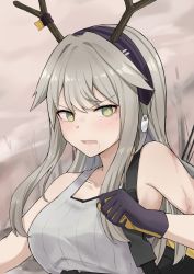Rule 34 | 1girl, absurdres, antlers, arknights, bag, black gloves, black hairband, blush, breasts, brown hair, bruise, chinese commentary, collarbone, dog tags, firewatch (arknights), firewatch (wilted cypress) (arknights), gloves, green eyes, grey shirt, hairband, highres, horns, injury, large breasts, long hair, looking at viewer, mango (mgo), official alternate costume, open mouth, reindeer antlers, shirt, shoulder bag, sleeveless, sleeveless shirt, solo, upper body, v-shaped eyebrows