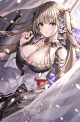 Rule 34 | 1girl, azur lane, bare shoulders, between breasts, black bow, black dress, blunt bangs, blush, bow, breasts, brown hair, cleavage, closed mouth, clothing cutout, collarbone, corset, cowboy shot, curtains, day, detached collar, dress, dutch angle, fingernails, formidable (azur lane), frilled dress, frills, hair bow, highres, indoors, large breasts, long fingernails, looking at viewer, minestrone takizawa, red eyes, shoulder cutout, smile, solo, sunlight, window