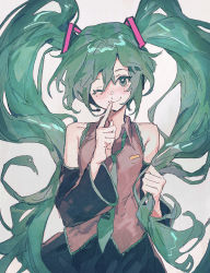 Rule 34 | 1girl, aqua eyes, aqua necktie, bare shoulders, black skirt, blush, closed mouth, collared shirt, commentary request, detached sleeves, finger to mouth, green hair, grey shirt, hair ornament, hatsune miku, headset, highres, long hair, looking at viewer, necktie, one eye closed, orniflop, shirt, shushing, simple background, skirt, smile, solo, twintails, very long hair, vocaloid, white background