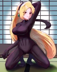 Rule 34 | 1girl, blonde hair, bodystocking, bodysuit, breasts, covered navel, dagger, earrings, feet, full body, groin, hairband, highres, holding, holding knife, jewelry, knife, kunoichi (live a live), large breasts, live a live, long hair, looking at viewer, skin tight, smile, solo, togenomaru, very long hair, weapon
