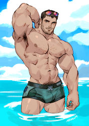 Rule 34 | 1boy, abs, absolum art, absurdres, arm behind back, armpit hair, artist name, bara, black hair, chris redfield, closed mouth, cloud, day, eyewear on head, facial hair, green male swimwear, highres, large pectorals, male focus, male swimwear, muscular, muscular male, navel, nipples, outdoors, partially submerged, pectorals, resident evil, resident evil 5, short hair, sky, smile, solo, sunglasses, swim briefs, thighs, tinted eyewear, topless male, water