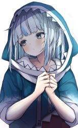 Rule 34 | 1girl, absurdres, animal costume, animal hood, blue eyes, blue hair, blue hoodie, blunt bangs, closed mouth, gawr gura, gawr gura (1st costume), grey hair, hair ornament, highres, hololive, hololive english, hood, hood up, hoodie, kokutamotsu, long sleeves, looking to the side, medium hair, multicolored hair, shark costume, shark girl, shark hair ornament, shark hood, simple background, solo, streaked hair, two side up, virtual youtuber, white background