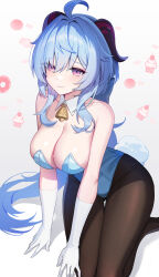 Rule 34 | 1girl, absurdres, bare shoulders, blue hair, breasts, cleavage, ganyu (genshin impact), genshin impact, gloves, goat horns, highres, horns, hyoin, large breasts, looking at viewer, purple eyes, smile, solo, white gloves