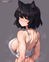 Rule 34 | 1girl, absurdres, animal ears, armpit crease, bare shoulders, black hair, blake belladonna, bluefield, blush, breasts, cat ears, closed mouth, commentary, crop top, english commentary, from behind, grey background, highres, large breasts, looking at viewer, looking back, median furrow, patreon logo, patreon username, rwby, short hair, sideboob, simple background, solo, steaming body, sweatdrop, twitter username, upper body, watermark, web address, yellow eyes