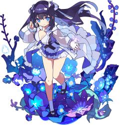 Rule 34 | 1girl, artist request, black footwear, black hair, blue eyes, blue flower, blue theme, blush, breasts, cleavage, clenched hand, closed mouth, cone hair bun, dress, female focus, flower, full body, glowing, hair bun, hair ornament, hairclip, hand up, highres, knees together feet apart, large breasts, leg up, legs, light particles, long hair, long sleeves, looking at viewer, non-web source, official art, outdoors, primula (world flipper), purple flower, purple hair, see-through, see-through sleeves, shoes, short dress, sidelocks, socks, solo, spread fingers, standing, standing on one leg, transparent background, waist cape, walking, white dress, white socks, world flipper