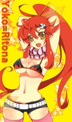 Rule 34 | 00s, 1girl, arms behind head, bad id, bad pixiv id, bikini, bikini top only, breasts, cleavage, hair ornament, inumimi-syndrome, long hair, navel, open mouth, ponytail, red hair, scarf, short shorts, shorts, skull, skull hair ornament, solo, swimsuit, tengen toppa gurren lagann, thighhighs, yellow eyes, yoko littner