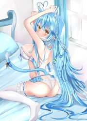 Rule 34 | 1girl, absurdres, ahoge, animal ears, arm up, ass, bell, blue hair, blush, bra, braid, breasts, cat ears, cat tail, colored tips, elf, flower, frilled thighhighs, frills, from behind, hair between eyes, hair flower, hair ornament, half updo, heart, heart ahoge, highres, hololive, large breasts, long hair, looking at viewer, looking back, mint mia, multicolored hair, on bed, open bra, panties, parted lips, pointy ears, sideboob, solo, tail, tail bell, tail ornament, thighhighs, underwear, underwear only, virtual youtuber, wedgie, white bra, white panties, window, yellow eyes, yukihana lamy