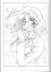 Rule 34 | 1990s (style), 1girl, glasses, hououji fuu, ishida atsuko, lineart, looking at viewer, magic knight rayearth, open mouth, production, retro artstyle, sketch, smile, solo