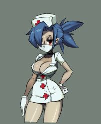 Rule 34 | + +, 1girl, absurdres, blue hair, breasts, choker, cleavage, collarbone, cowboy shot, gloves, hat, highres, large breasts, latex, latex gloves, looking at viewer, mask, mouth mask, nurse cap, ogebo go, ponytail, red eyes, skull, solo, surgical mask, valentine