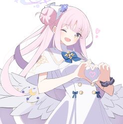 Rule 34 | 1girl, angel wings, blue archive, blue bow, bow, breasts, capelet, commentary, crescent, cross, dress, feathered wings, flower, frilled ribbon, frills, hair bun, hair flower, hair ornament, hair ribbon, halo, heart, heart hands, highres, large breasts, long hair, looking at viewer, low wings, mika (blue archive), one eye closed, open mouth, pink hair, pink halo, purple flower, purple scrunchie, raised eyebrows, ribbon, sasanoha (sasanoha0712), scrunchie, simple background, single side bun, smile, solo, symbol-only commentary, underbust, white background, white capelet, white dress, white ribbon, white wings, wings, wrist scrunchie, yellow eyes
