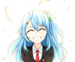Rule 34 | 1girl, ^ ^, blazer, blue hair, closed eyes, collared shirt, eyebrows, grin, hair between eyes, head tilt, healther, jacket, long hair, necktie, one side up, original, red necktie, shirt, smile, solo, upper body, white background, white shirt, wing collar