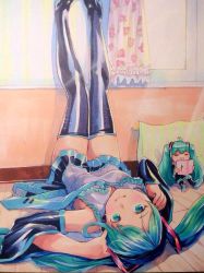 Rule 34 | aqua eyes, aqua hair, aqua neckwear, bare shoulders, black legwear, black skirt, black sleeves, blue necktie, book, character doll, commentary, curtains, detached sleeves, floral print, grey shirt, hair ornament, hatsune miku, headphones, headset, holding, holding book, indoors, legs up, long hair, looking at viewer, lying, mayo riyo, mini person, minigirl, necktie, on back, pillow, pleated skirt, rose print, shiny clothes, shirt, skirt, sleeveless, sleeveless shirt, smile, striped wall, sunlight, thighhighs, traditional media, twintails, very long hair, vocaloid, window, zettai ryouiki