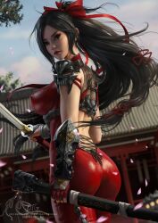 Rule 34 | 1girl, architecture, ass, backless bodysuit, black hair, blondynkitezgraja, bodysuit, breasts, cloud, cloudy sky, cosplay, covered erect nipples, dorothy blade, east asian architecture, highres, holding, holding sword, holding weapon, katana, large breasts, long hair, looking at viewer, ponytail, red bodysuit, samurai of oz, sky, sword, taki (soulcalibur), taki (soulcalibur) (cosplay), unsheathed, weapon