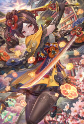 Rule 34 | 1girl, black gloves, brown hair, chiori (genshin impact), drill hair, drill ponytail, dual wielding, genshin impact, gloves, hair ornament, hair stick, highres, holding, holding sword, holding weapon, japanese clothes, kimono, long hair, looking at viewer, multicolored hair, obi, pantyhose, red eyes, sash, side ponytail, skirt, solo, sword, torino aqua, weapon, yellow kimono, yellow skirt
