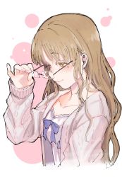 Rule 34 | 1girl, babydoll, blue babydoll, brown eyes, brown hair, chemise, closed mouth, collarbone, glasses, highres, kyouno, long hair, long sleeves, nijisanji, official alternate costume, ribbon, sister claire, sister claire (7th costume), solo, sweater, virtual youtuber