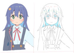 Rule 34 | 1girl, black jacket, black skirt, blue hair, colored inner hair, commentary, cropped torso, green eyes, hair between eyes, hair ornament, hairclip, jacket, long hair, long sleeves, looking at viewer, multicolored hair, multiple views, neck ribbon, off shoulder, onii-chan wa oshimai!, red ribbon, ribbon, shirt, simple background, skirt, smile, straight-on, suspender skirt, suspenders, tenkawa nayuta, tetesudeesu, two-tone hair, upper body, white background, white shirt, wing collar