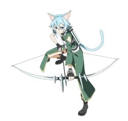Rule 34 | 10s, 1girl, animal ears, arrow (projectile), black shorts, blue eyes, blue hair, bow (weapon), cat ears, cat tail, drawing bow, full body, highres, holding, holding bow (weapon), holding weapon, matching hair/eyes, official art, shorts, simple background, sinon, sinon (sao-alo), solo, sword art online, sword art online: code register, tail, weapon, white background