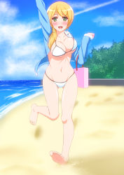 Rule 34 | 1girl, absurdres, arm up, bad anatomy, bag, barefoot, beach, bikini, blonde hair, blush, bouncing breasts, breasts, cleavage, cloud, collarbone, contrail, day, ellen baker, feet, green eyes, highres, jacket, jacket over swimsuit, large breasts, long hair, looking at viewer, navel, new horizon, ocean, open mouth, outdoors, pigeon-toed, ponytail, poorly drawn, running, scrunchie, shirouzu myuuta, shopping bag, sky, smile, soles, solo, strap gap, swimsuit, teacher, toes, tree, water, waving, white bikini