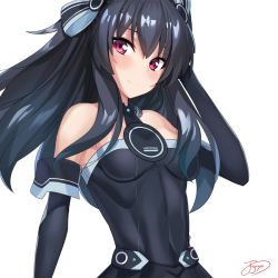 Rule 34 | ame neptune mk2, bare shoulders, black hair, breasts, choujigen game neptune tge animation, collar, dress, fignya, hair between eyes, long hair, neptune (series), red eyes, simple background, small breasts, smile, tsundere, twintails, two side up, uni (neptunia), upper body, very long hair, white background