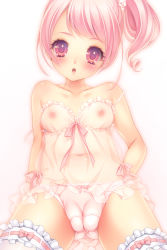 Rule 34 | 1girl, babydoll, bad id, bad pixiv id, bare shoulders, blush, breasts, cleft of venus, fat mons, highres, lingerie, looking at viewer, momoi komomo, nipples, open mouth, original, panties, pink eyes, pink hair, see-through, short hair, side ponytail, small breasts, solo, thighhighs, underwear