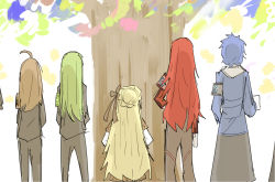 Rule 34 | 4boys, 5girls, arms behind back, blue hair, boots, brown hair, chesed (project moon), cloak, cup, from behind, full body, gebura (project moon), green hair, hand in pocket, hand on own hip, hands on own hips, hod (project moon), holding, holding cup, kankan33333, lobotomy corporation, long coat, long hair, multiple boys, multiple girls, netzach (project moon), project moon, red hair, standing, tiphereth a (project moon), tree, very long hair