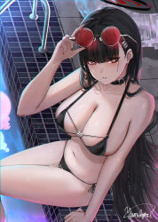 Rule 34 | 1girl, absurdres, bare shoulders, bikini, black bikini, black hair, blue archive, blush, breasts, cleavage, collarbone, hair ornament, hairclip, halo, highres, large breasts, long hair, looking at viewer, navel, pool, poolside, red eyes, rio (blue archive), solo, sunglasses, swimsuit, thighs, yamikyon