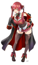 Rule 34 | 1girl, bare shoulders, belt, bodysuit, breasts, butcha-u, cleavage, heterochromia, highres, hololive, houshou marine, jacket, leaning forward, looking at viewer, navel, open clothes, open jacket, open mouth, red eyes, red hair, red skirt, see-through, see-through cleavage, skirt, solo, thighhighs, twintails, vest, virtual youtuber, white background, yellow eyes