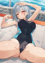 Rule 34 | 1girl, blush, cameltoe, cleft of venus, competition swimsuit, covered navel, feet out of frame, grey hair, grin, groin, half-closed eyes, highres, indoors, looking at viewer, lying, medium hair, on back, one-piece swimsuit, original, pool, red eyes, short hair, smile, solo, spread legs, swimsuit, unacchi (nyusankin), water, wet