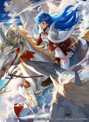 Rule 34 | 1girl, armor, blue eyes, blue hair, blush, breastplate, caeda (fire emblem), cape, dress, elbow gloves, feathered wings, fingerless gloves, fire emblem, fire emblem: mystery of the emblem, fire emblem cipher, gloves, horse, horseback riding, lance, long hair, mayo (becky2006), nintendo, official art, open mouth, pegasus, pegasus knight uniform (fire emblem), polearm, riding, sky, smile, solo, spear, thighhighs, weapon, wings, zettai ryouiki