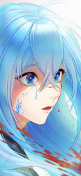 Rule 34 | 1girl, ahoge, artist request, backlighting, blood, blood on face, blue eyes, blue hair, highres, lips, open mouth, portrait, simple background, solo, vivy, vivy: fluorite eye&#039;s song, white background