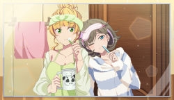 Rule 34 | 2girls, alternate hairstyle, bathroom, blindfold, blue eyes, blue pajamas, blush, brushing teeth, closed mouth, cup, door, frown, green eyes, green pajamas, grey hair, hair bun, head on another&#039;s shoulder, head rest, heanna sumire, highres, holding, holding cup, long hair, looking at mirror, love live!, love live! superstar!!, mask, mirror, morning, mug, multiple girls, one eye closed, pajamas, short hair, sleep mask, sleepy, smile, striped clothes, striped pajamas, tang keke, toothbrush, toothpaste, towel, yumel lot