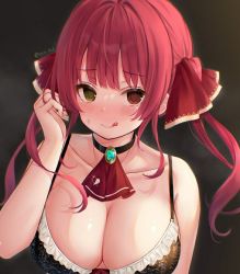 Rule 34 | 1girl, :q, adjusting hair, arm up, bare shoulders, bikini, black background, black bikini, blunt bangs, blush, breasts, brooch, cleavage, collarbone, ebibi hu2, hair ribbon, heterochromia, highres, hololive, houshou marine, jewelry, large breasts, long hair, looking at viewer, red eyes, red hair, ribbon, signature, simple background, smile, solo, swimsuit, tongue, tongue out, twintails, upper body, virtual youtuber, yellow eyes