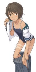 Rule 34 | 1girl, blue one-piece swimsuit, blue sailor collar, blue skirt, brown eyes, brown hair, competition school swimsuit, kantai collection, kawashina (momen silicon), leaning forward, miyuki (kancolle), one-piece swimsuit, open mouth, pleated skirt, sailor collar, school swimsuit, school uniform, serafuku, short hair, simple background, skirt, solo, swimsuit, swimsuit under clothes, tan, tanline, undressing, wavy hair, white background