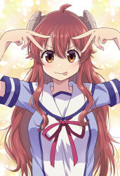 Rule 34 | 1girl, :p, ahoge, arms up, blue shirt, blush, brown eyes, closed mouth, commentary request, curled horns, demon girl, demon horns, double-parted bangs, double v, eyelashes, fang, hair between eyes, highres, horns, hoshino ai&#039;s pose, long hair, looking at viewer, machikado mazoku, mukaibi aoi, oshi no ko, red hair, red ribbon, ribbon, sailor collar, school uniform, shirt, short sleeves, sidelocks, simple background, skin fang, smile, solo, straight-on, tareme, tongue, tongue out, upper body, v, v-shaped eyebrows, very long hair, wavy hair, white sailor collar, yellow background, yoshida yuuko (machikado mazoku)