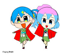 Rule 34 | 2girls, blue hair, green skirt, happi, highres, japanese clothes, machida-tan, multiple girls, sagami-tan, sailor collar, skirt