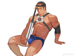 Rule 34 | 1boy, abs, absurdres, bara, baseball bat, baseball cap, blue male underwear, briefs, bulge, buzz cut, check copyright, chest harness, copyright request, feet out of frame, harness, hat, highres, large pectorals, long sideburns, male focus, male underwear, muscular, muscular male, navel, navel hair, original, pectorals, short hair, sideburns, solo, stomach, sweat, thick eyebrows, thighs, topless male, underwear, veins, veiny arms, very short hair, xiedaifenshi (7329016845)