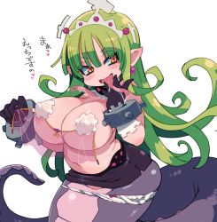 Rule 34 | 1girl, black gloves, black skirt, blush, breast curtain, breasts, earrings, floating hair, forked tongue, gloves, green hair, highres, jewelry, lamia, large breasts, licking, licking finger, long hair, long tongue, looking at viewer, microskirt, monster girl, navel, original, pasties, pencil skirt, pointy ears, saliva, simple background, skirt, slit pupils, smile, solo, tongue, tongue out, untying, very long hair, very long tongue, white background, yellow eyes, zankuro