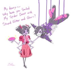 Rule 34 | 1boy, 1girl, arthropod girl, artist name, bdsm, black hair, bound, bound arms, doughnut, english text, extra arms, extra eyes, false smile, fangs, food, glitter, grin, hand on another&#039;s face, hand on own face, hato moa, insect girl, mettaton, mettaton ex, muffet, nervous, nervous smile, shibari, short twintails, silk, smile, spider girl, spider web, tied up, twintails, two side up, undertale