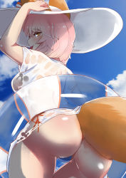 Rule 34 | 10s, 1girl, absurdres, adjusting clothes, adjusting headwear, animal ears, ass, bad anatomy, bad perspective, bent over, blue panties, blush, breasts, cowboy shot, fate/extra, fate/grand order, fate (series), fox ears, fox girl, fox tail, hat, highres, innertube, looking at viewer, looking back, panties, pink hair, poorly drawn, see-through, senbon tsuki, shiny skin, shirt, short hair, short sleeves, side-tie panties, solo, swim ring, tail, tamamo (fate), tamamo no mae (fate/extra), thigh gap, tongue, tongue out, underwear, wet, wet clothes, wet shirt, white hat, white shirt, yellow eyes
