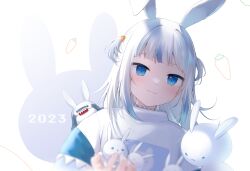 Rule 34 | 1girl, 2023, :3, amashiro natsuki, animal ears, bloop (gawr gura), blue eyes, blue hair, carrot hair ornament, chinese zodiac, closed mouth, commentary, eyebrows hidden by hair, food-themed hair ornament, gawr gura, hair ornament, hololive, hololive english, kemonomimi mode, long hair, looking at viewer, multicolored hair, rabbit ears, romaji commentary, sharp teeth, shirt, simple background, solo focus, streaked hair, teeth, two side up, upper body, virtual youtuber, white background, white hair, white shirt, year of the rabbit