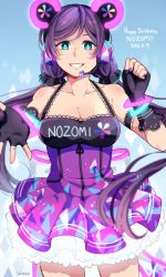Rule 34 | 10s, 1girl, 2016, animal ears, aqua eyes, artist name, breasts, cleavage, collarbone, dated, dress, fake animal ears, fingerless gloves, gloves, happy birthday, headphones, headset, large breasts, love live!, love live! school idol festival, love live! school idol project, open hand, outstretched hand, purple dress, purple gloves, purple hair, signature, smile, solo, suikka, tojo nozomi, twintails