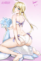 Rule 34 | 1girl, absurdres, ahoge, artist name, artoria pendragon (fate), asphyxiation, ass, back, barefoot, bikini, blonde hair, blush, butt crack, character name, creatures (company), dated, fate/grand order, fate (series), foaming at the mouth, from behind, full body, game freak, gen 1 pokemon, green eyes, highres, lapras, laserflip, long hair, looking at viewer, looking back, nail polish, nintendo, pink nails, pokemon, pokemon (creature), ponytail, rolling eyes, saber (fate), side-tie bikini bottom, soles, straddling, strangling, strapless, strapless bikini, swimsuit, very long hair