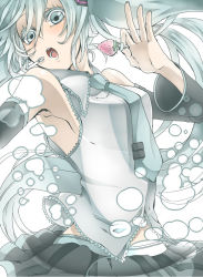 Rule 34 | 1girl, :o, armpits, bad id, bad pixiv id, bare shoulders, bubble, eyelashes, floating hair, food, fruit, hatsune miku, ichirugi, long hair, necktie, open mouth, solo, strawberry, underwater, very long hair, vocaloid