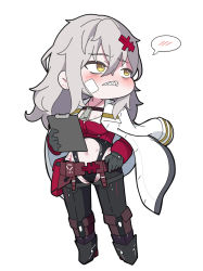 Rule 34 | 1girl, black footwear, black gloves, black leotard, black pants, boots, breasts, chaps, chibi, clipboard, clothing cutout, commentary request, full body, gloves, goddess of victory: nikke, grey hair, hair between eyes, holding, jacket, jacket on shoulders, leotard, long hair, long sleeves, looking away, looking to the side, navel, navel cutout, nyaru (nyaru 4126), pants, red shirt, shirt, simple background, small breasts, solo, spoken blush, standing, very long hair, white background, white jacket, yellow eyes, yulha (nikke)