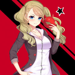 Rule 34 | 1girl, absurdres, blonde hair, blue eyes, blush, breasts, cleavage, collarbone, commentary request, fox mask, hair ornament, hairclip, highres, holding, holding mask, kensei (ciid), large breasts, long hair, long sleeves, looking at viewer, mask, nail polish, persona, persona 5, pink nails, shirt, smile, solo, takamaki anne, tongue, tongue out, twintails, upper body, white shirt