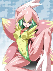 Rule 34 | 1girl, artist request, bandai, black eyes, breasts, cameltoe, cleft of venus, colored skin, covered erect nipples, covered navel, digimon, female focus, green hair, happy, heigako, highres, large breasts, leotard, lilamon, looking at viewer, monster girl, navel, nipples, partially visible vulva, pink skin, plant girl, shiny skin, smile, solo, spread legs, thick thighs, thighs, wings