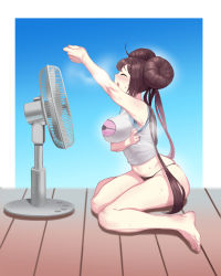 Rule 34 | 1girl, absurdres, ahoge, arm up, barefoot, black panties, blush, breasts, brown hair, closed eyes, creatures (company), double bun, electric fan, from side, game freak, hair bun, highres, korean commentary, large breasts, long hair, matdoljangin, nintendo, open mouth, panties, poke ball print, pokemon, pokemon bw2, profile, rosa (pokemon), simple background, sitting, skindentation, sleeveless, solo, sweat, thighs, twintails, underwear